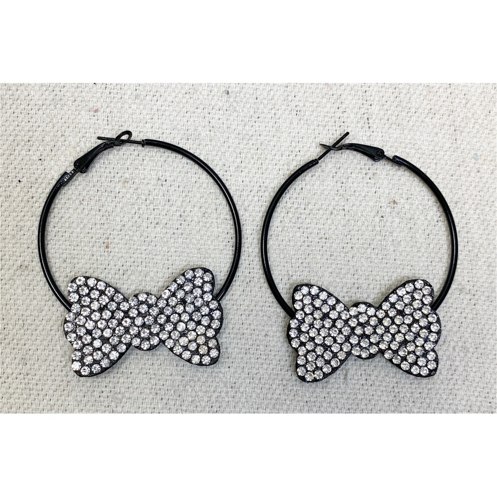 Large black hoop earrings with rhinestone bows